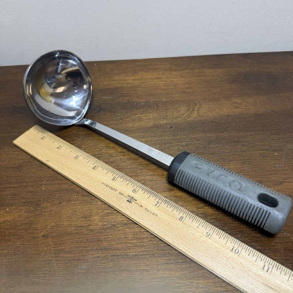 EKCO Stainless Steel w/ Gray Black Rubber Grip Serving Ladle 11" Utensil - Picture 5 of 5
